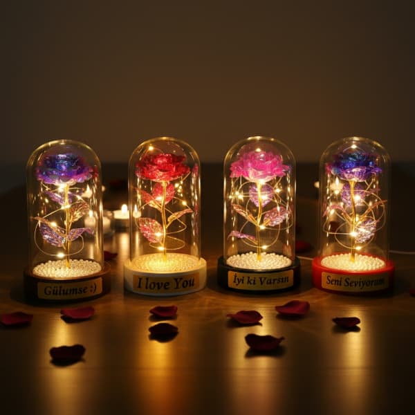 İncili Sonsuzluk Gülü Ledli Fanus