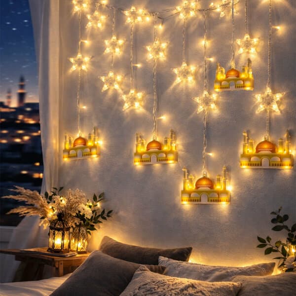 3 mt Fişli Sarı Cami Yıldız Ramazan Perde LED