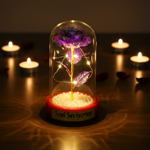 İncili Sonsuzluk Gülü Ledli Fanus