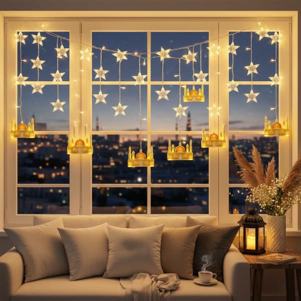 3 mt Fişli Sarı Cami Yıldız Ramazan Perde LED